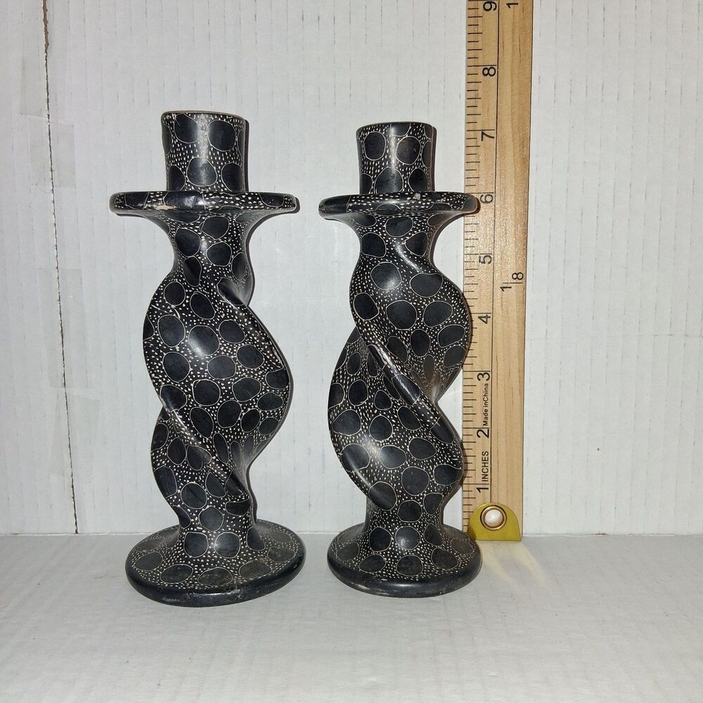 Vintage Black Soapstone Hand Carved Twisted Taper Candlesticks Dot Design